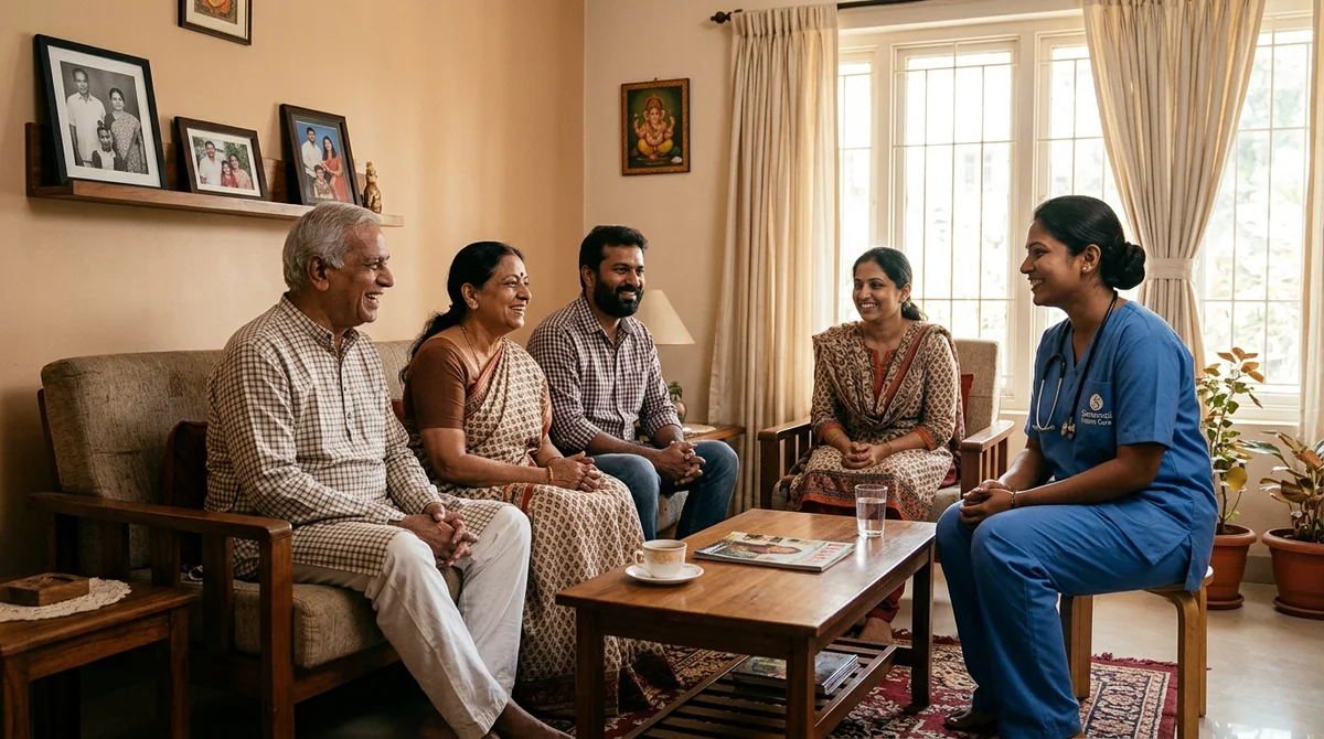 Multigenerational family discussing home care comfortably