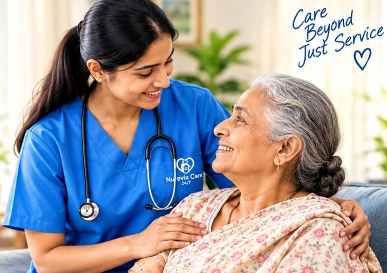 Nurevix Caregiver warmly supporting an elderly woman at home